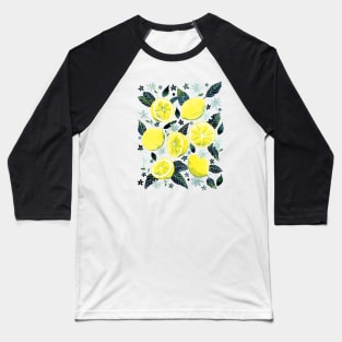 Watercolor Lemons Pattern - Blue Baseball T-Shirt